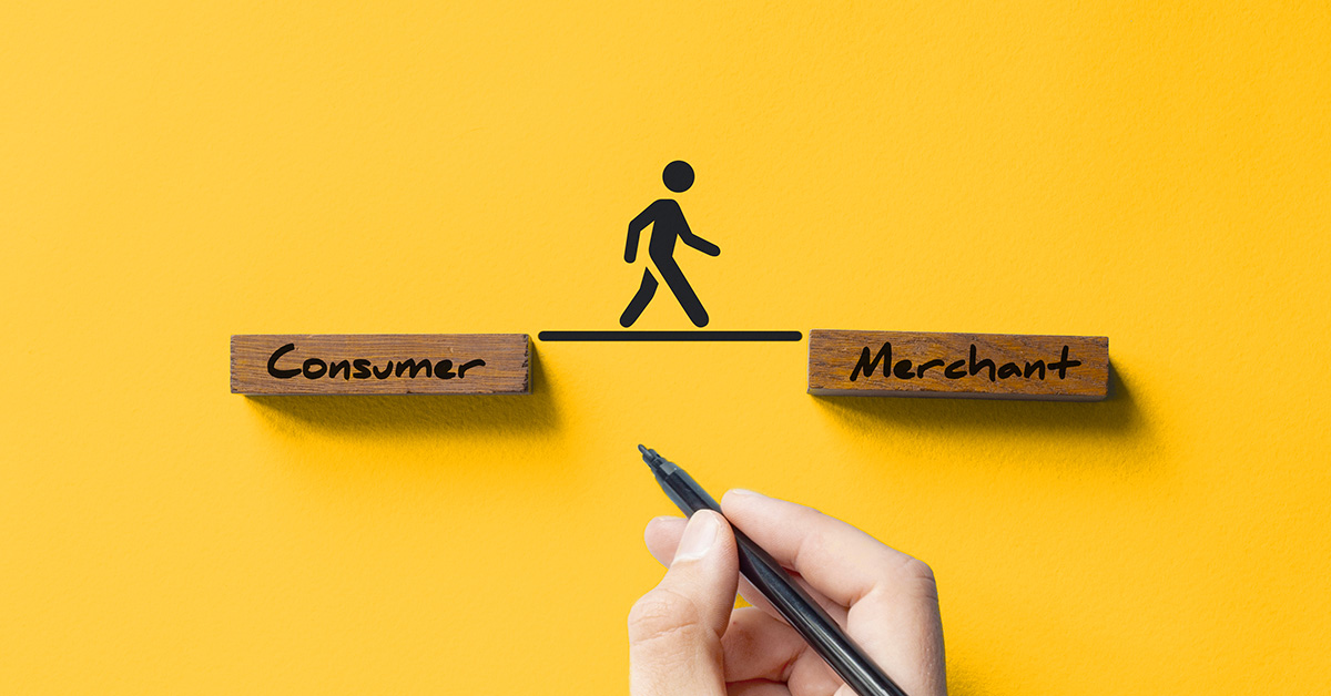 two blocks on yellow background. Left block says consumer, right block says merchant. User connects the two with a line symbolizing GroupBy bridging the gap